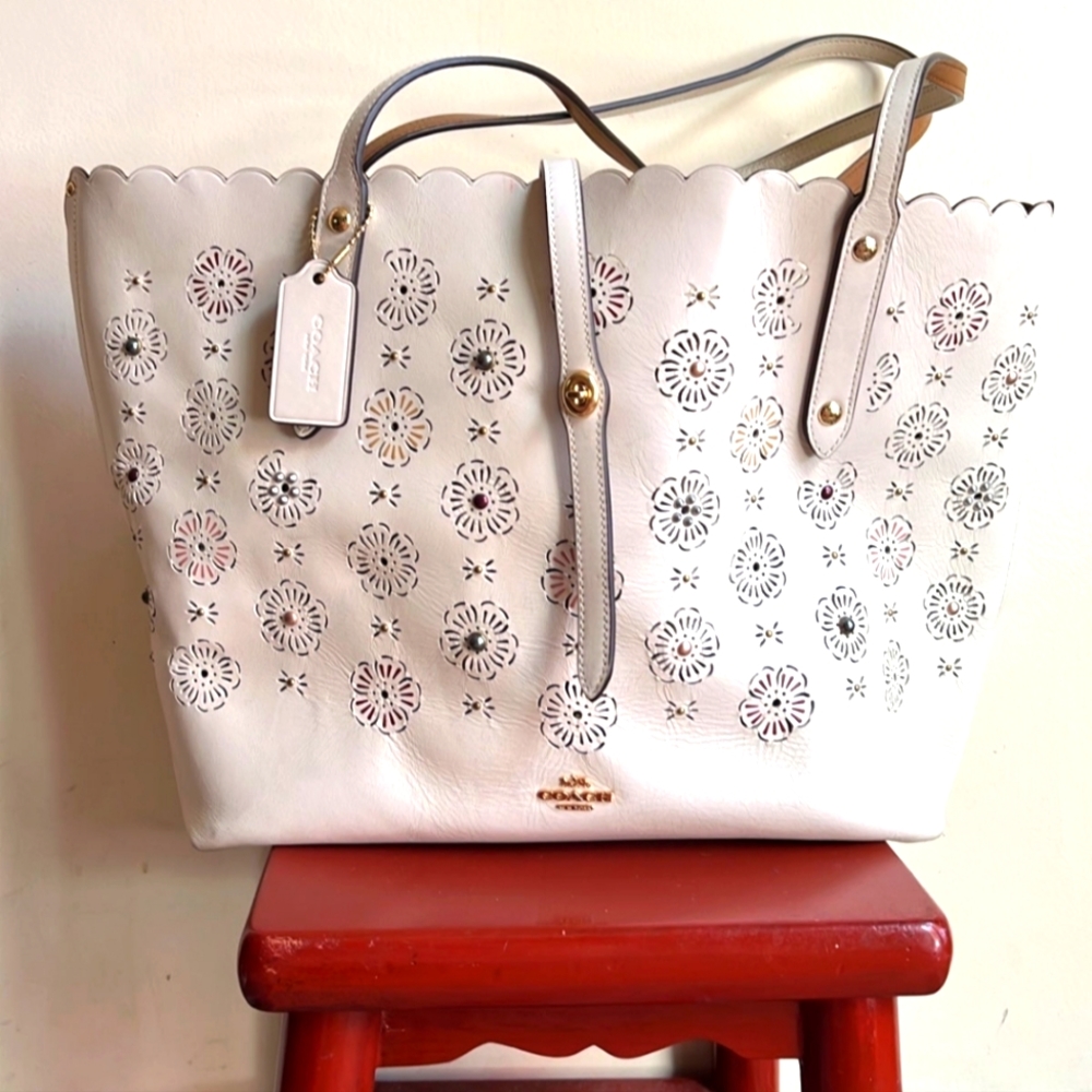 Coach White Floral Cutout Tote Bag